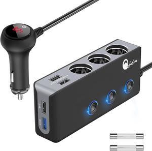 Quick Charge 3.0 Cigarette Lighter Splitter 3 Socket 180W Cigarette Lighter Adapter with 4 USB Fast Charging DC 12V/24V Cigarette Outlet LED Voltmeter Independent Button for All Car Devices