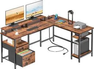 66 L Shaped Desk with Power Outlet, Reversible Computer Desk with File Drawer & 2 Monitor Stands, Home Office Desk with Storage Shelves, Corner Desk for Gaming Writing, Rustic Brown