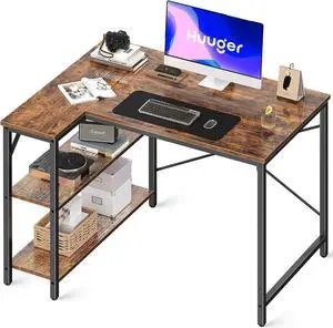 Huuger L Shaped Desk, 39 Inches Computer Desk with Reversible Storage Shelves, Gaming Desk, Corner Desk Home Office Desks, Writing Desk Study Desk with Metal Frame, Rustic Brown