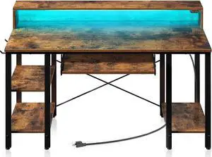 Computer Desk 47 inch with LED Lights & Power Outlets, Gaming Desk with Storage Shelves, Home Office Desk with Keyboard Tray, Writing Desk with Monitor Stand, Work Desk, Rustic Brown