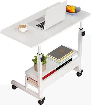 Adjustable Height Mobile Computer Desk for Small Space Rolling Writing with Wheels Corner Home Office Study Portable Bedrooms Work Size 31.5x15.7 Inch Storage Gaming Table, White