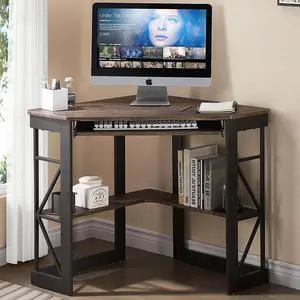 VECELO Corner Computer Desk Writing Smooth Keyboard Tray & Storage Shelves,Compact Home Office Triangle Table, Rustic Natural Brown