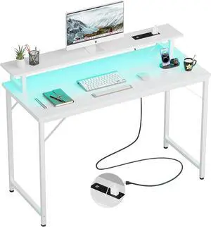 47 inch Computer Desk with Power Outlets, Gaming Desk with LED Lights, Home Office Work Desk with Monitor Shelf, Modern Office Desk Study Writing Table for Small Spaces, White