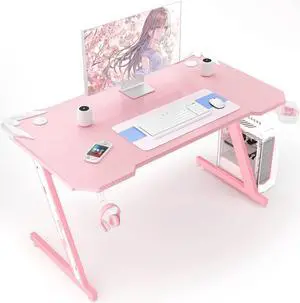 Homall Gaming Desk, Computer Desk with Carbon Fiber Surface, Gaming Table Z Shaped PC Gaming Workstation Home Office Desks with Cup Holder and Headphone Hook (44 inch, Pink)