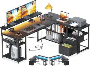 ODK L Shaped Gaming Desk with Power Outlets & LED Stripe, Reversible Computer Desk with File Drawer, Home Office Desk with Storage Shelves, 53 Inch Gamer Corner Desk with Monitor Stand, Black
