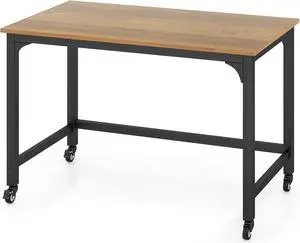 COSTWAY 48 Mobile Computer Desk, Home Office Desk on Wheels, Simple Study Writing Table with 4 Lockable Wheels, Metal Frame, Rolling Laptop PC Table for Small Space (Natural)