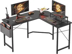 CubiCubi L Shaped Gaming Desk, 47.2 inch Computer Corner Desk with Monitor Shelf for Home Office Study Writing Workstation, Black