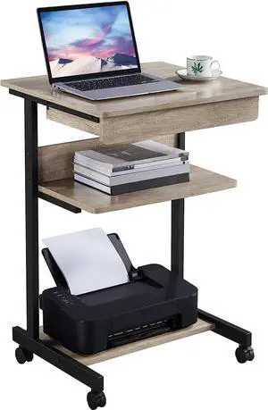 Topeakmart Rolling Computer Desk Cart with Drawer, Small Computer Desk for Small Spaces with Wheels, Rolling Stand Up Desk PC Laptop Computer Table Tray Desk Gray