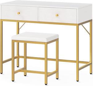 SUPERJARE 35.4" White and Gold Desk with 2 Drawers, Modern Makeup Vanity Desk with Padded Stool, Small Computer Desk Home Office Desk for Writing Study Bedroom