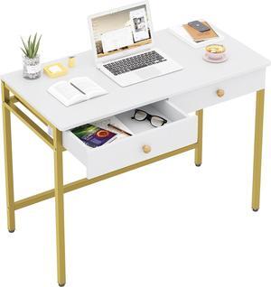 Weehom Computer Desk with Drawers, Home Office Desk for Writing, Studying, and Gaming - Sturdy and Spacious Workstation for PC and Laptop(White and Gold)