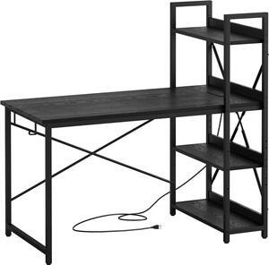 IRONCK Computer Desk 47" with Power Outlet & Storage Shelves, Study Writing Table with USB Ports Charging Station, PC Desk Workstation for Home Office, Black