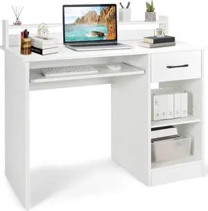 Tangkula White Desk with Drawer & Keyboard Tray, 22 Inch Wide Modern Study Writing Desk with Desktop Hutch & Storage Shelves, Home Office Desk for Teens, Wood PC Laptop Desk, Desk for Bedroom