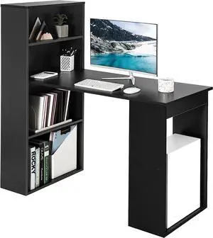 Tangkula Computer Desk with Bookshelf, Writing Study Desk with Storage Shelves & CPU Stand, Modern Compact Computer Workstation for Home & Office, Space-Saving Design (Black)