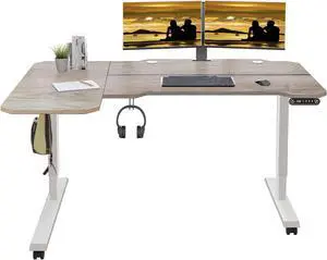 Jceet Adjustable Height L-Shaped 59 Inch Electric Standing Desk - Sit Stand Computer Desk, Stand Up Desk Table for Home Office, White Frame and Oak Top