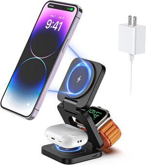 KU XIU X55 Fast Wireless Charger, Magnetic Foldable 3 in 1 Charging Station for iPhone 14/13/12/11/Pro/X/Max/XS/XR/8/Plus, 5W Portable Charger for Apple Watch7/6/5/4/3/2/SE, for Airpods3/2/Pro (Black)