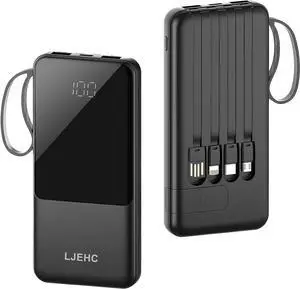 Portable Charger with Built in Cables,10000mAh Slim USB C Power Bank,5 Output 3 Input LED Display High Speed External Battery Pack Travel Phone Charger for iPhone Samsung Pixel LG Moto iPad,Black