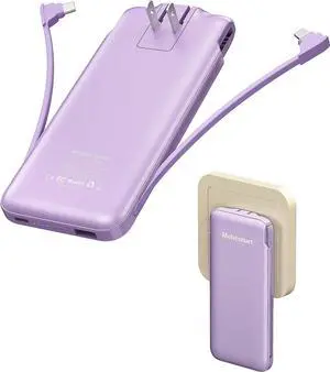 Portable Charger Power Bank with Built in Cable and AC Wall Plug, 10000mAh Fast USB C Phone Charger, Slim Thin Mini Charging Battery Pack Compatible with Smartphones and All USB-C Devices