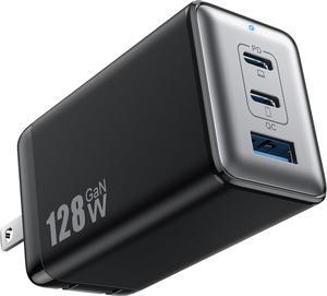 128W USB C Wall Charger,GaN III 3-Port Fast Charging Station,PD QC Foldable Charger Block Portable 65W Laptop Adapter for MacBook Pro/Air,iPad Pro,Galaxy S23,Dell XPS 13,iPhone 15/Pro etc Black