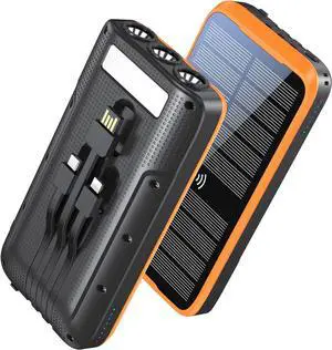 Solar Charger Power Bank Portable Charger 43800mAh Qc3.0 Fast Charger Qi 10W Wireless Charging Built-in 2 Kinds Output Cable and 680Lumen Bright flashlights