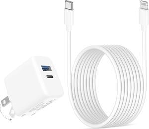 20W Dual Port Fast Charger for iPad 9th 8th 7th Generation 10.2 inch, iPad Air 3/2, iPad Mini 5, Foldable Wall Charger with 6.6ft USB-C to Lightning Fast Charging Cable