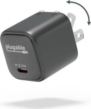 Plugable GaN USB C Charger Block, 30W Portable Charger, Foldable Prongs, PPS USBC Fast Charger for iPhone 15, iPad Pro, Samsung Galaxy S23 and More (Cable Not Included) - Black