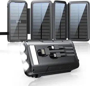 Solar Charger Power Bank Portable Charger 43800mAh QC3.0 Fast Charger Qi 10W Wireless Charger 4 Solar Panel Built-in 2 Kinds Output Cable and 680Lumen flashlights