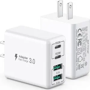 [2 Pack] USB C Wall Charger, 40W 4-Port USB C Charger Block,Fast Charging Block Dual Port PD+QC Wall Plug Multiport Type C Compatible with iPhone 14/13/12/11/Pro Max/XS/XR/8, Samsung Phone,Tablet