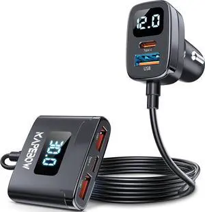 kapebow 78W Fast Charging USB C Car Charger, 5 Port Car Phone Charger with Voltage Display, 5FT Extention PD&QC 3.0 Type C Car Charger for Back Seat for iPhone iPad Samsung Pixel Phones