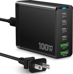 Charging Station Total 100W 6-Port USB C Charger Block 4 USB-C and 2 USB-A Ports Fast Phone Chargeur Power Adapter for iPhone 14 Pro Max, iPad, Samsung Galaxy, Pixel Multiport Hub Dock (Black)