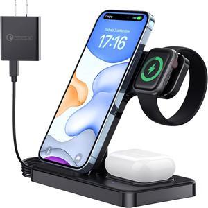 3 in 1 Wireless Charger 18W Fast Charger Pad Stand Charging Station Dock for iWatch Series SE 876543 Airpods Pro32 for iPhone 15141312 11Pro Max12 ProXR with QC30 Adapter