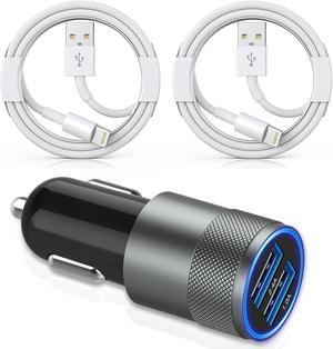 Apple MFi Certified iPhone Car Charger34a Fast Charge Dual Port USB Cargador Carro Lighter Adapter USB Car Charger iPhone Metal Cigarette Lighter 2Pack Lightning Cable for iPhoneiPadAirpods