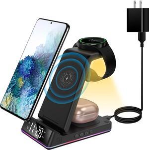 3 in1 Wireless Charger for Samsung, Qi Fast Wireless Charging Station with Clock/Alarm/Night Light for Samsung Galaxy Watch 5/Pro/4/3,Active 2/1,Galaxy S22/S21/Z Flip/Fold 3,Galaxy Buds 2/Pro/Live