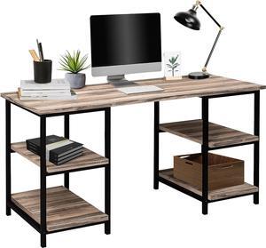 GOOD & GRACIOUS Computer Desk, Home Office Desk with 4 Storage Shelves on Left & Right Modern Simple Style 59" Long Large Study Table, Rustic Wood Desk