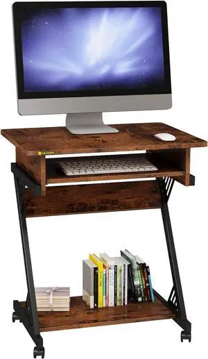 NEWSENDY Computer Desk with Keyboard Tray, 23.6 inch Rolling Small Desk with Wheels, Computer Cart with Storage, Mobile Desk Z Shaped for PC, Home Office, Brown