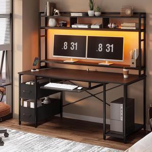 Gaming Computer Desk, 55" Gaming Desk with LED Lights and Hutch, Computer Desk with Drawer, Power Outlet, Storage Shelves and Monitor Stand, Home Office Desk, Gamer Desk PC Table, Black