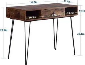 VECELO 39.3" Home Office Work Table with Drawers Computer Desk Writing/Study, 39 Inch Hairpin Legs, Rustic Brown
