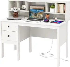 Tangkula White Desk with Drawers & Hutch, Modern Home Office Desk Writing Study Desk with Charging Station, Laptop Desk with 5 Storage Compartments, Computer Workstation Makeup Vanity Desk