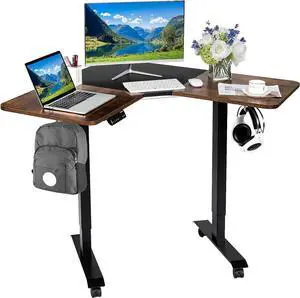 COSTWAY L Shaped Electric Adjustable Desk, L-Shaped Standing Computer Desk w/Splice Tabletop, 2 Hooks & Rolling Casters, Sit-Stand Corner Desk w/ 4 Memory Positions for Home Office (Rustic Brown)
