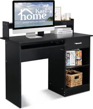 Karl home Computer Desk Study Writing Desk, Wooden Home Office Workstation PC Laptop Table with Drawer Shelf Keyboard Tray, Black