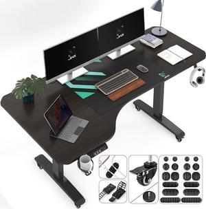 JWX Standing Desk, L Shaped Adjustable Standing Desk, 63'' Corner Height Adjustable Desk with Cup Holder, Headphone Hook, Cable Manager, and Mouse pad, Brown Panel
