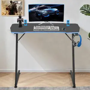 BLKMTY 39" Gaming Table Z Shaped Gaming Desk Large Home Office Desks Computer Workstation Desk Table Ergonomic Gamer Writing Desk with Headphone Hook for Game Player, Blue