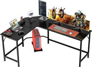 SUPER DEAL 66" L Shaped Gaming Corner Computer Desk with CPU Stand and Foot Rest Bar, PC Laptop Study Table Workstation Gaming Desk for Home Office, Black
