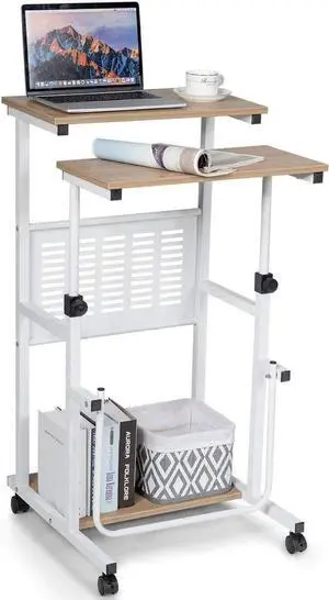 Tangkula Rolling Standing Desk Stand Up Desk, Height Adjustable Home Office Desk with Standing & Seating 2 Modes, Flexible Wheels & Footrest, Mobile Laptop Cart Sit Stand Desk
