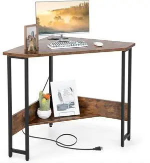 GOFLAME Corner Desk with Power Outlet, Triangle Computer Desk for Small Space, Space-Saving Writing Desk with Storage Shelf and Charging Station, Modern Laptop PC Desk for Home Office, Rustic Brown GOFLAME Corner Desk with Power Outlet, Triangle Computer Desk for Small Space, Space-Saving Writing Desk with Storage Shelf and Charging Station, Modern Laptop PC Desk for Home Office, Rustic Brown