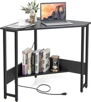 Tangkula Corner Desk with Power Outlet & USB Ports, Triangle Computer Desk with Charging Station, Storage Shelf, Space Saving Writing Desk, Vanity Table, Corner Desk for Small Space (Black)