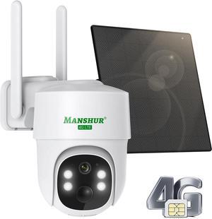 Manshur® 4G LTE Cellular Security Camera Outdoor Wireless, Cameras Without WiFi Needed 360°PTZ 2K/3MP Color Night Vision, 2 Way Talk, PIR Motion Detection, Spotlight, No WiFi Supported, IP66, Cloud/SD