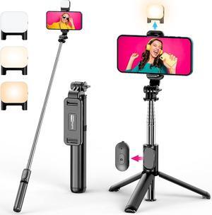 Selfie Stick Tripod with Fill Light, All in One Extendable Selfie Stick with Detachable Wireless Remote, Flexible Phone Tripod Stand Compatible with iPhone/Galaxy, Compact Size & Lightweight