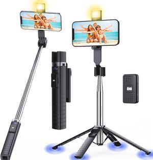 Ambertronix 40 Selfie Stick Tripod Quadrapod, Onboard Light, Wireless Bluetooth Remote, Extendable, Stainless Steel, 3 Light Modes, 9 Brightness Levels, Compatible with All iPhone & Android Devices