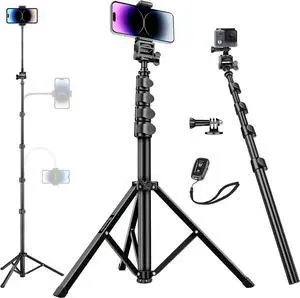 80" Phone Tripod, Selfie Stick Cellphone Tripod, Aluminum Tripod Stand for Video Photo Vlog, Travel Phone Tripods with Gooseneck Remote Phone Holder, Compatible with iPhone Android Smartphone