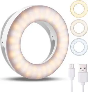 Clip On Selfie Ring Light Compatible with iPhone 15/14/13/12 Series Rechargeable Mini Circle Lights with 3 Modes / 4-Level Brightness for Android Cell Phone iPad Laptop